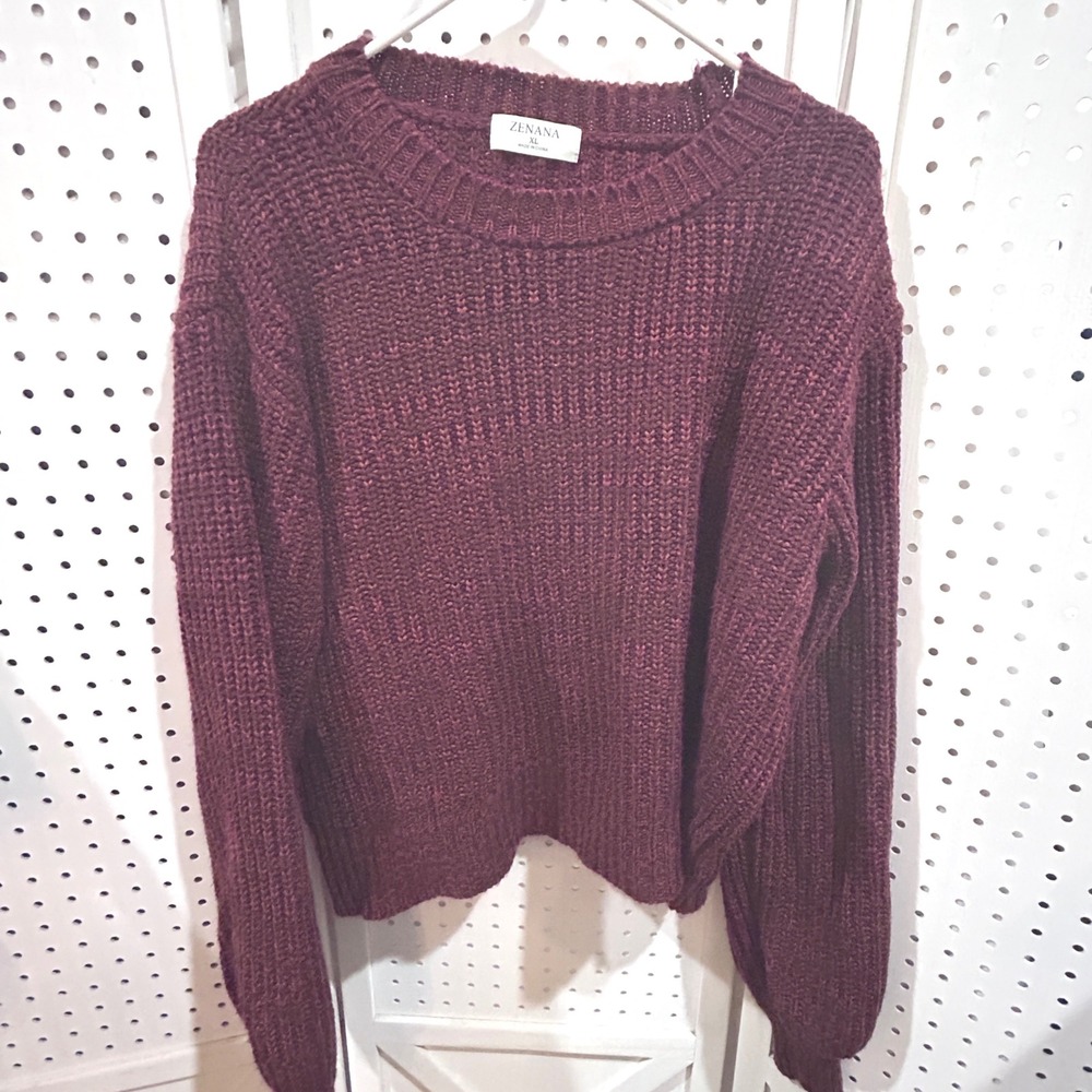 ZENANA Burgundy Chunky Knit Crew Neck Long Sleeve Sweater XL